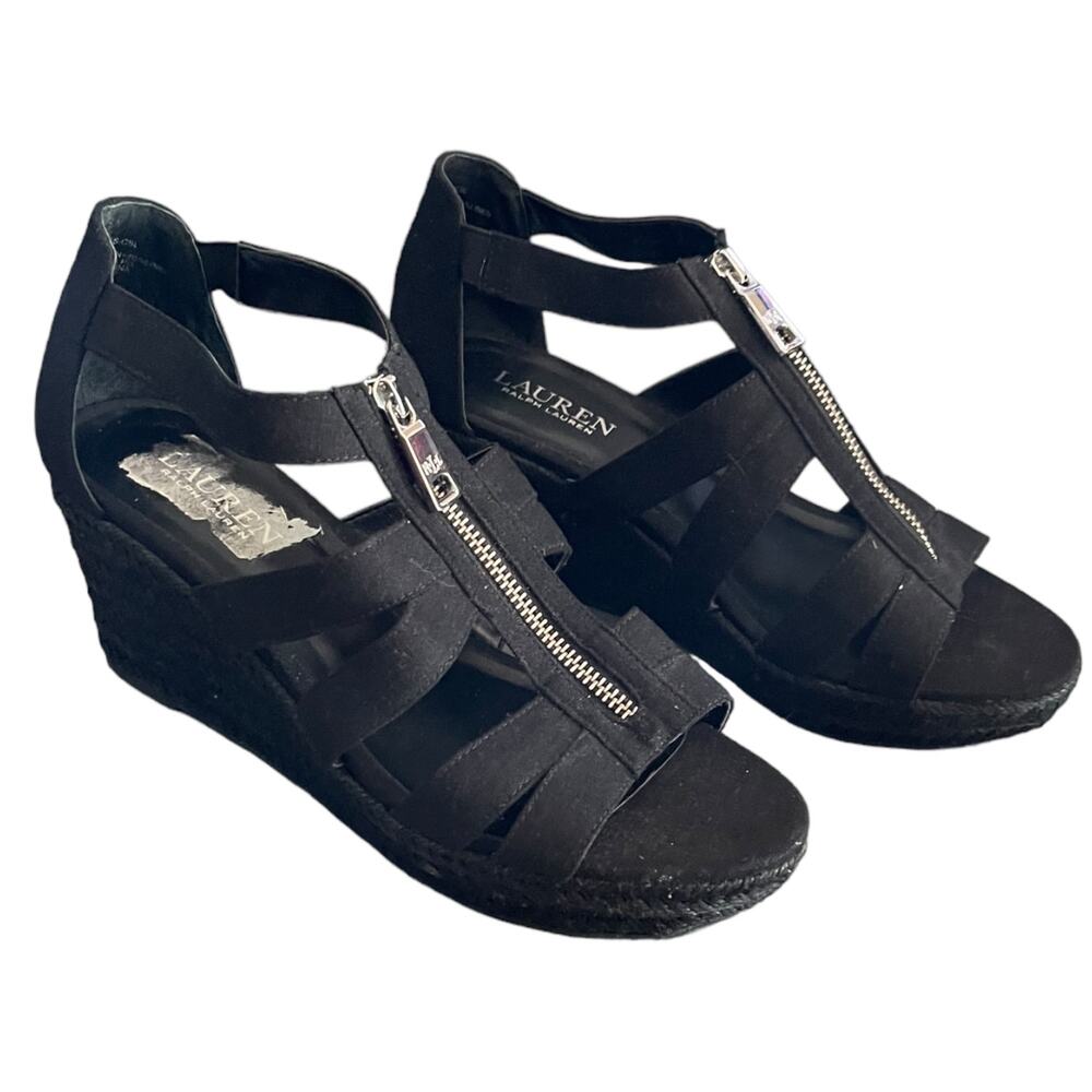 Ralph Lauren Black Espadrille Kelcie Cotton Linen Wedge Size 9 - Picture 2 of 8